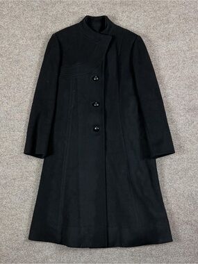 Vintage Black Long Wool Single Breasted Coat Women’s Size S/M High Neck Overcoat